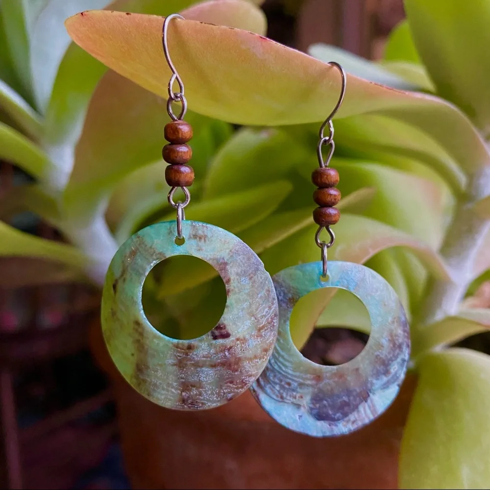 Shell and Wooden Bead Drop Earrings, Silver Hooks, Modcloth